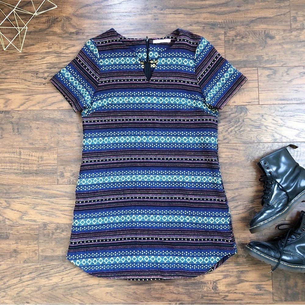 Ellison • UO tribal pattern shift dress pockets mini popover woven Aztec blue